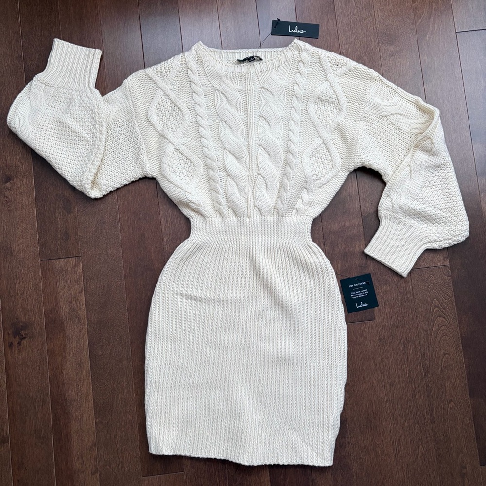NWT Lulus Hope You Know Cream Cable Knit Long Sleeve Mini Sweater Dress